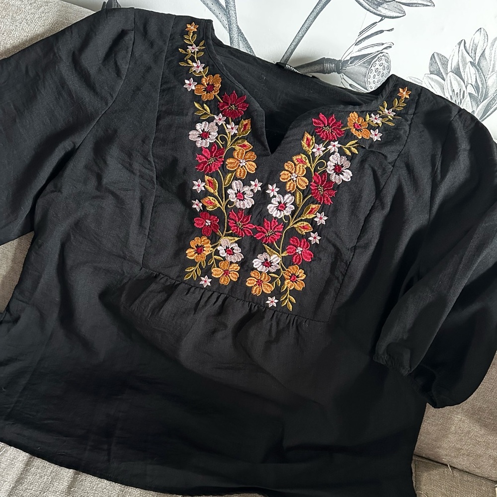 BloomChic Black Blouse with Colorful Floral Embroidery